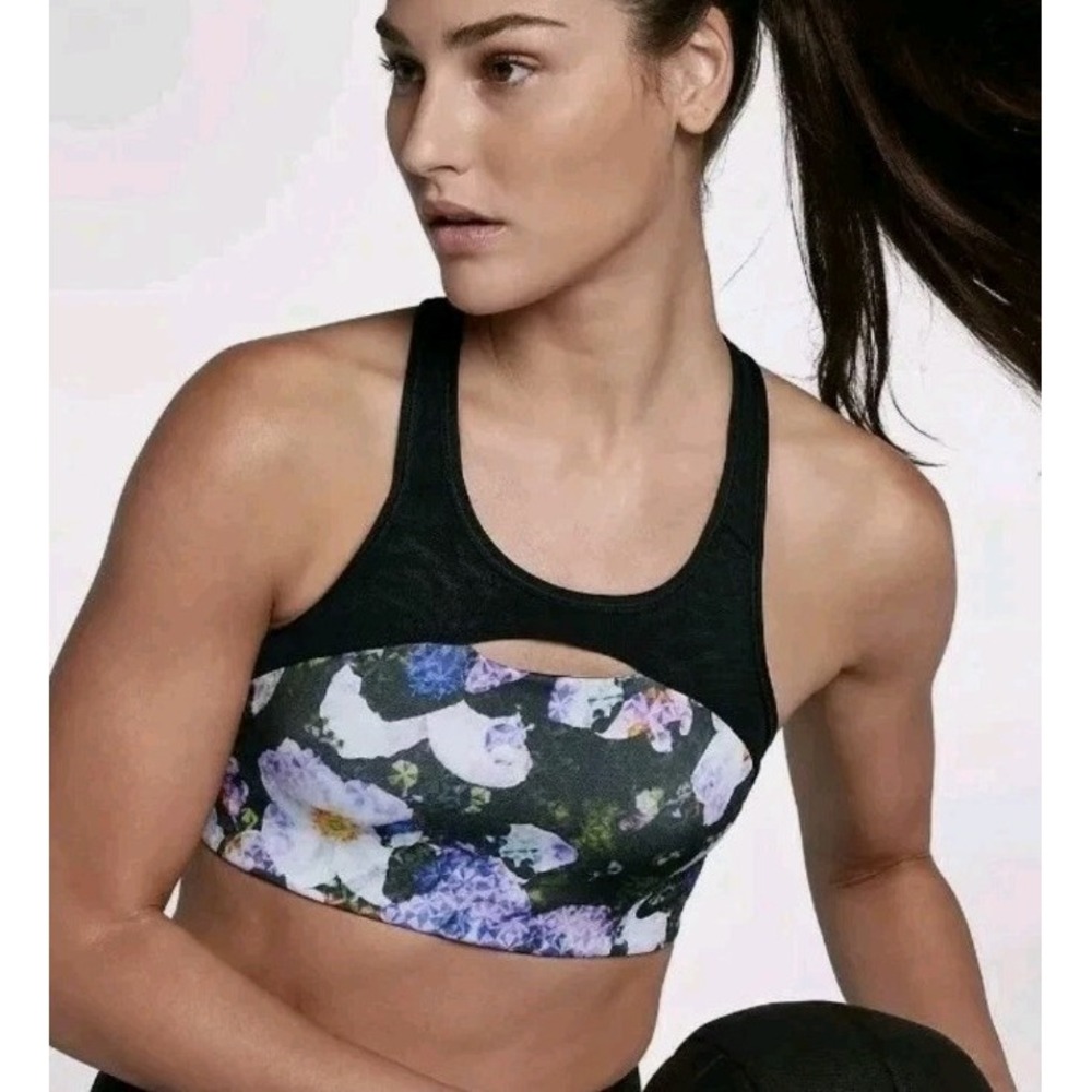 Nike Pro Swoosh Floral Print Sports Bra Sz M Strappy Back Key Hole Gym Running
